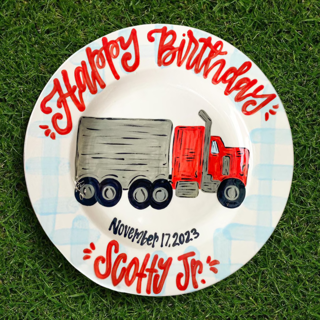 Personalized Truck Birthday Plate – Hand-Painted Ceramic- BCP50