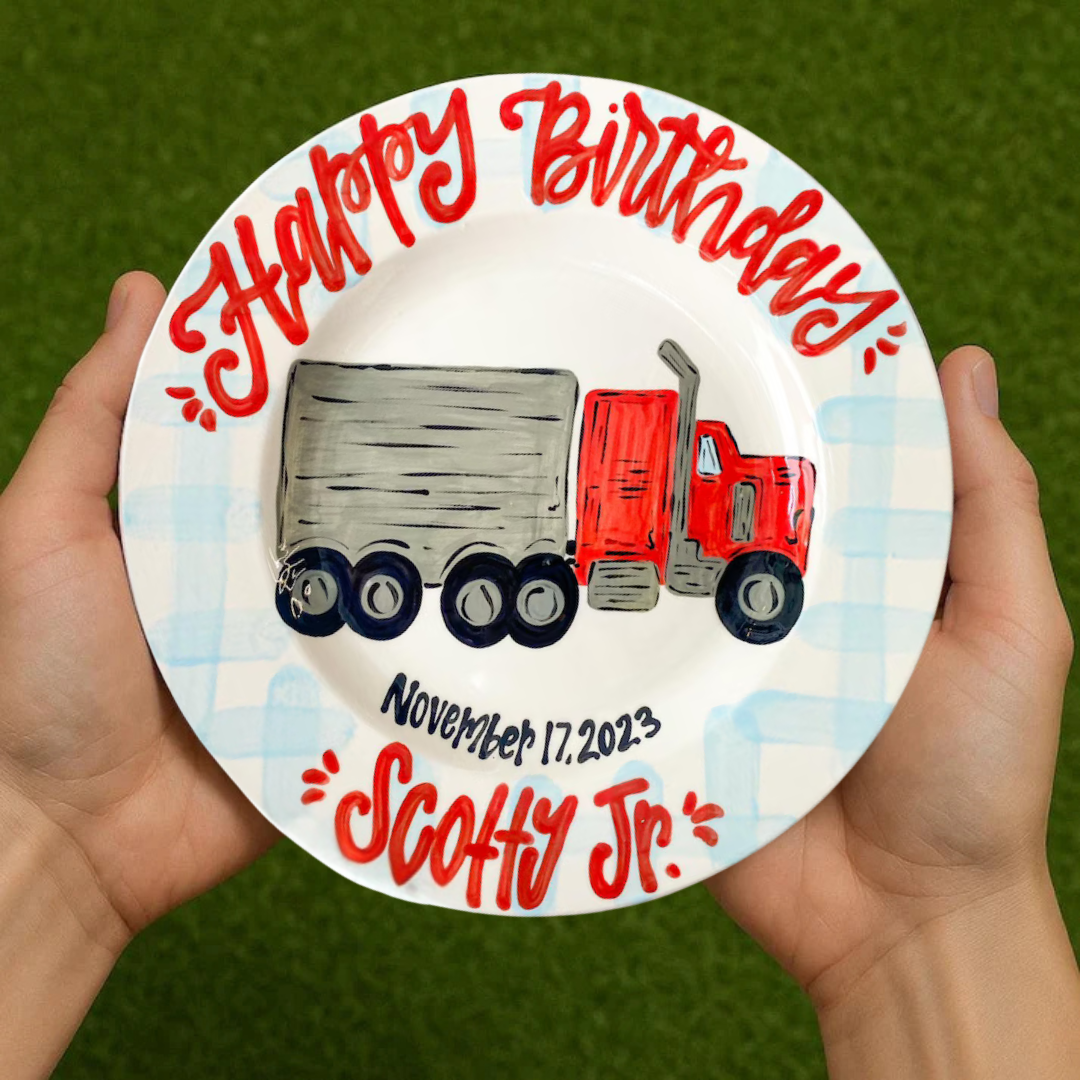 Personalized Truck Birthday Plate – Hand-Painted Ceramic- BCP50