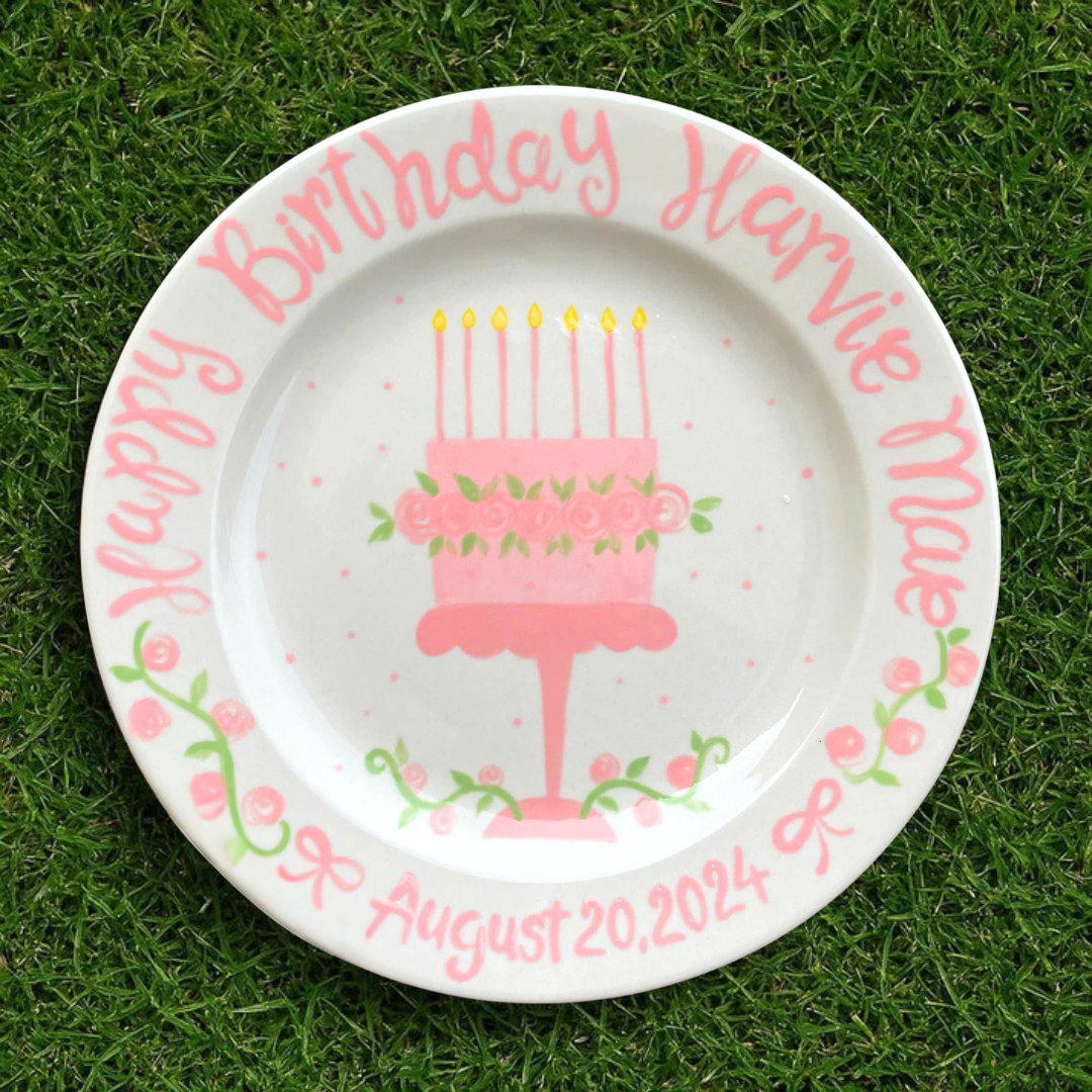 Personalized Preppy Girl's 1st Birthday Plate - Flowers, Bunny & Ribbons - BCP10