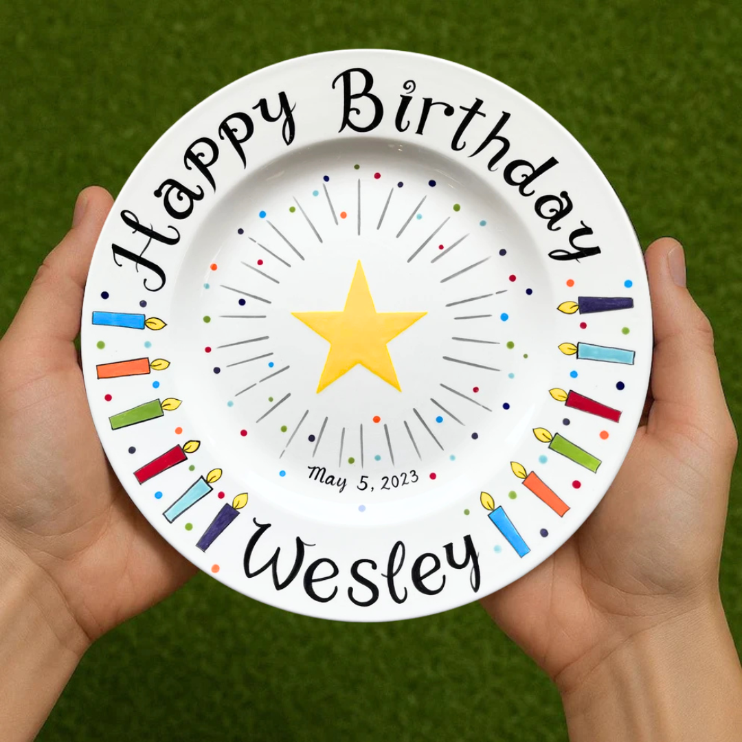 Personalized Star Birthday Plate with Name & Date – Hand-Painted - BCP42