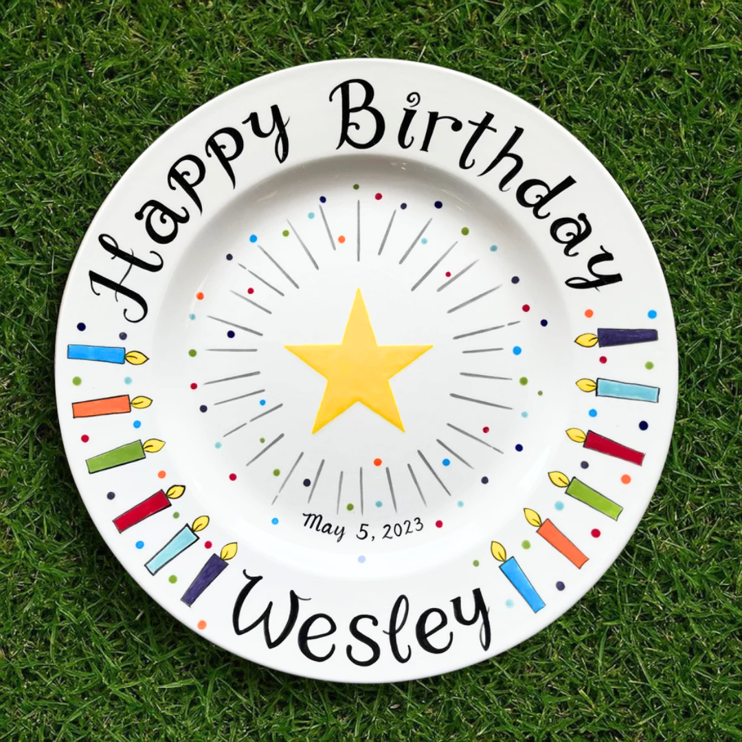 Personalized Star Birthday Plate with Name & Date – Hand-Painted - BCP42