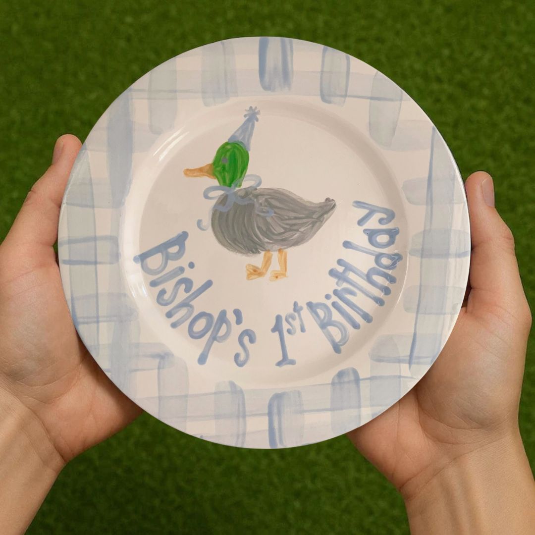 Personalized Preppy Duck Boy's 1st Birthday Plate, Blue Gingham - BCP18