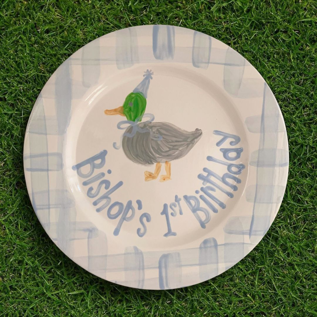 Personalized Preppy Duck Boy's 1st Birthday Plate, Blue Gingham - BCP18