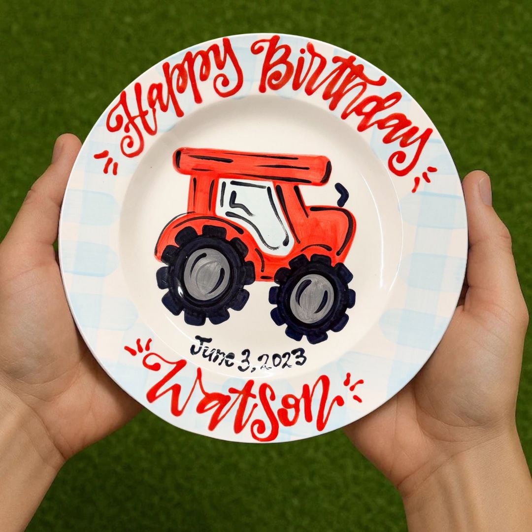 Personalized Tractor Birthday Plate – Custom Ceramic Gift for Kids- BCP25