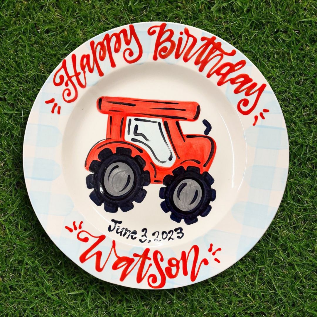 Personalized Tractor Birthday Plate – Custom Ceramic Gift for Kids- BCP25