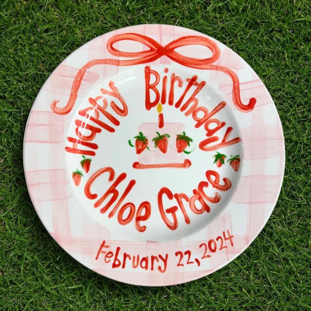 Personalized Strawberry 1st Birthday Plate - Pink Gingham Keepsake - BCP04