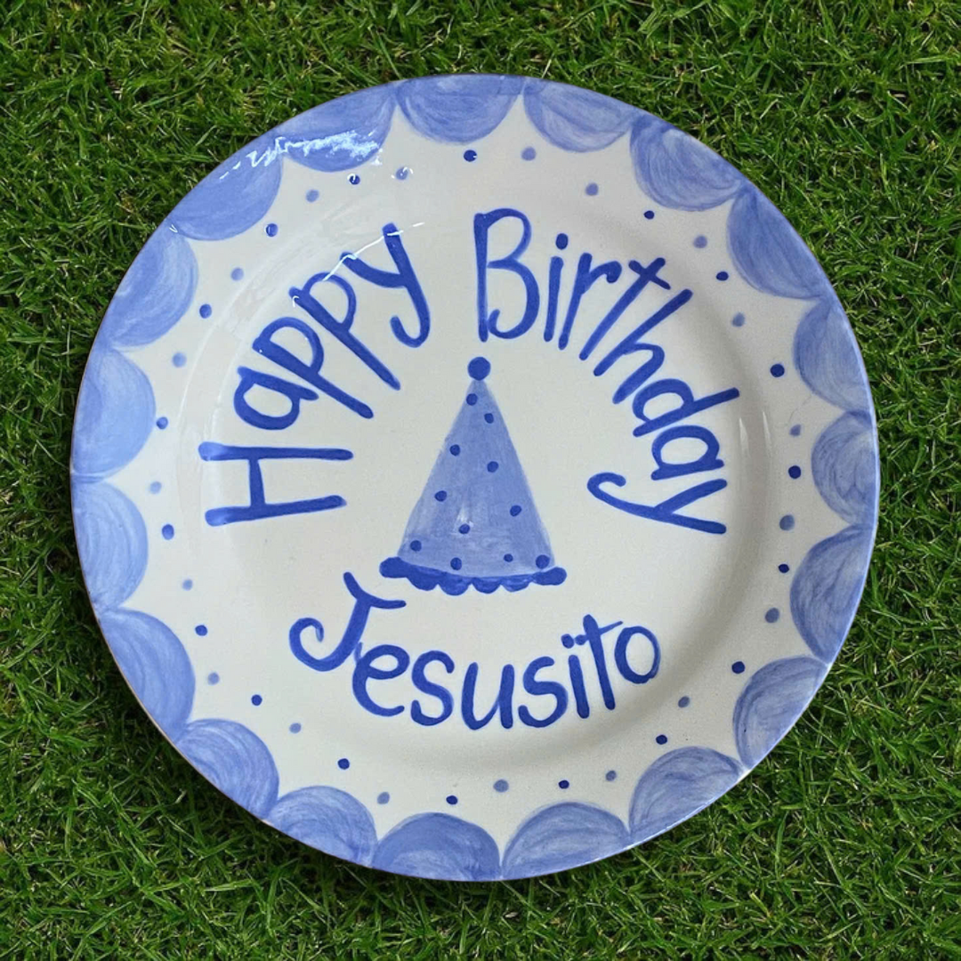 Personalized Blue Scalloped 1st Birthday Plate For Boys - Party Hat Design - BCP02