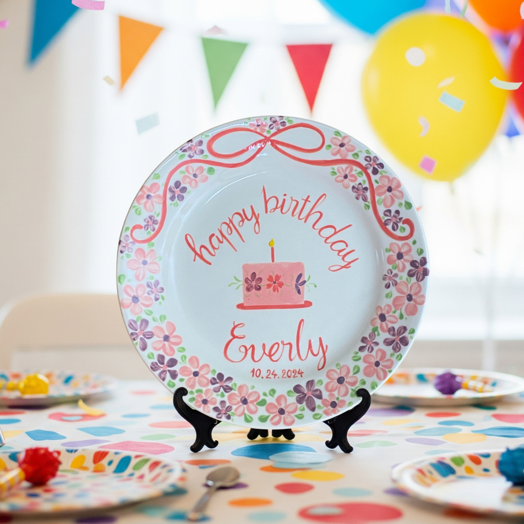 Personalized Floral Birthday Plate with Name & Date – Ceramic Gift - BCP37