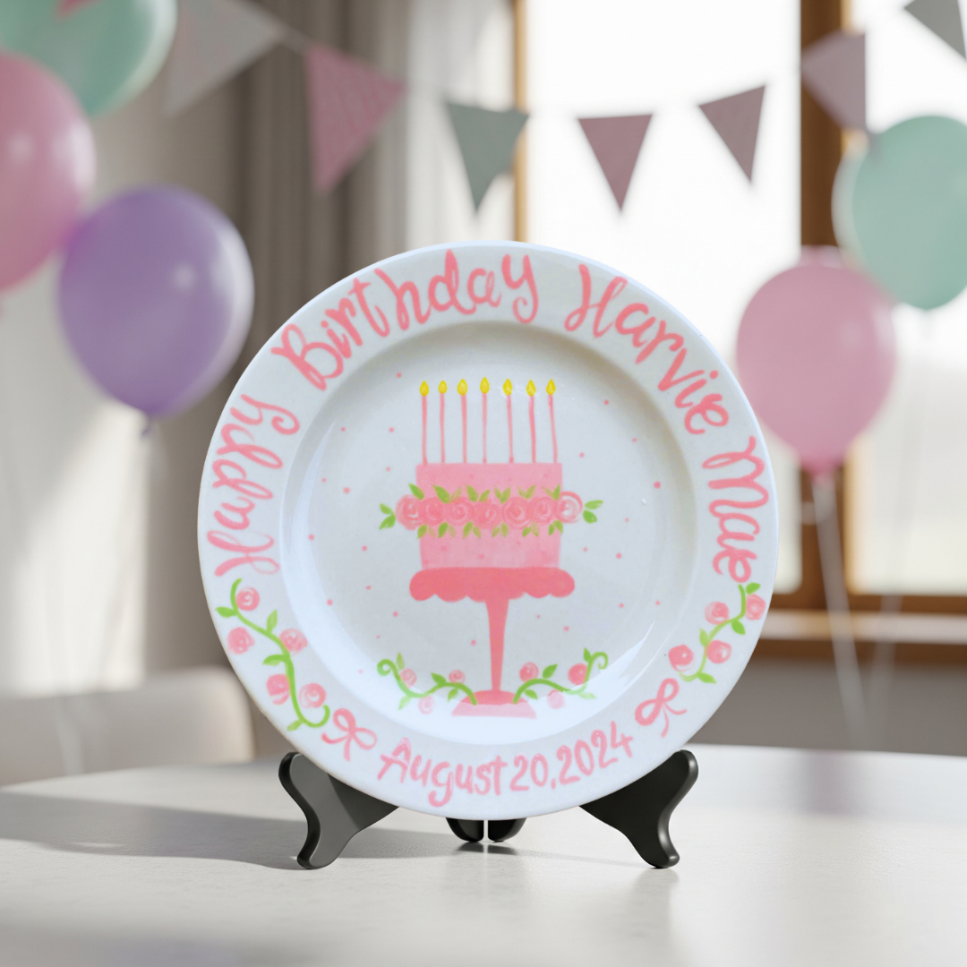 Personalized Preppy Girl's 1st Birthday Plate - Flowers, Bunny & Ribbons - BCP10