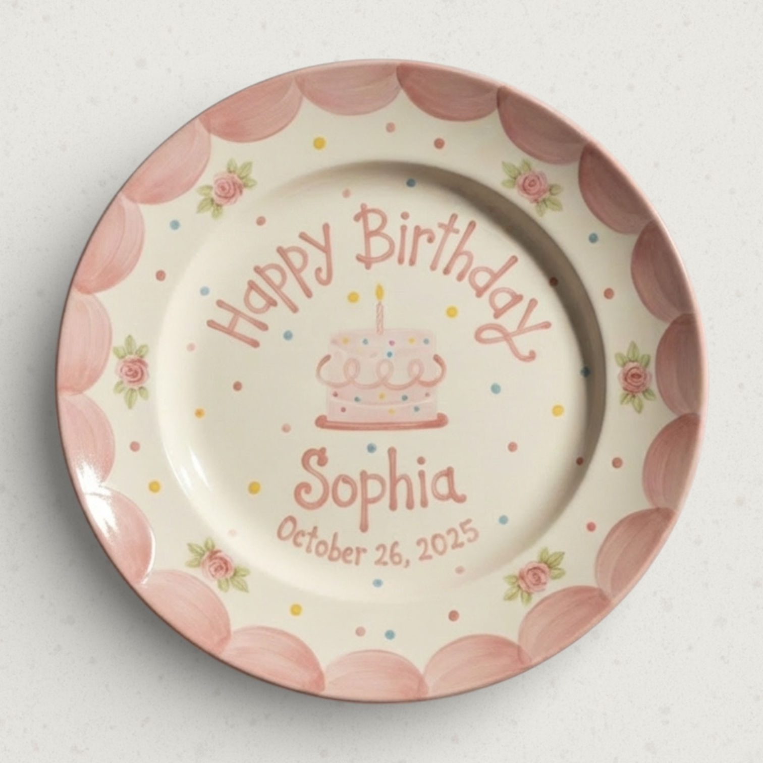 Personalized Girl's Ceramic Birthday Plate - Custom Name & Hand-Painted Floral Keepsake- BCP105