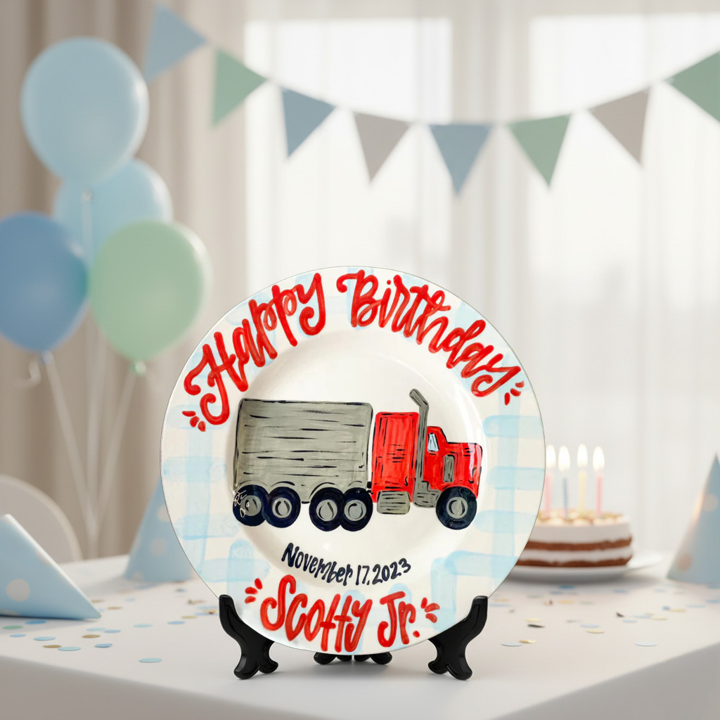 Personalized Truck Birthday Plate – Hand-Painted Ceramic- BCP50
