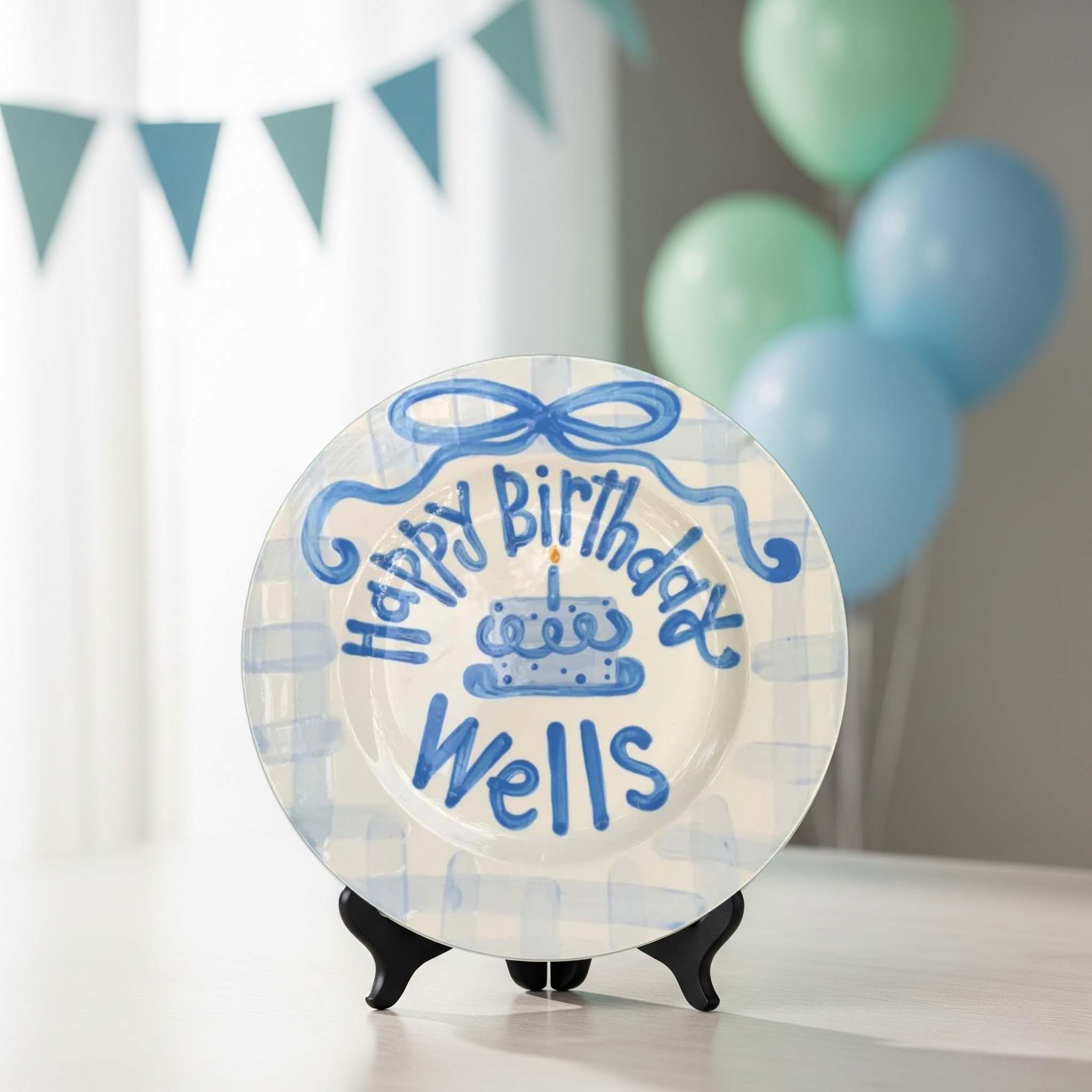 Personalized Blue Gingham 1st Birthday Plate - Preppy Boys Keepsake - BCP03