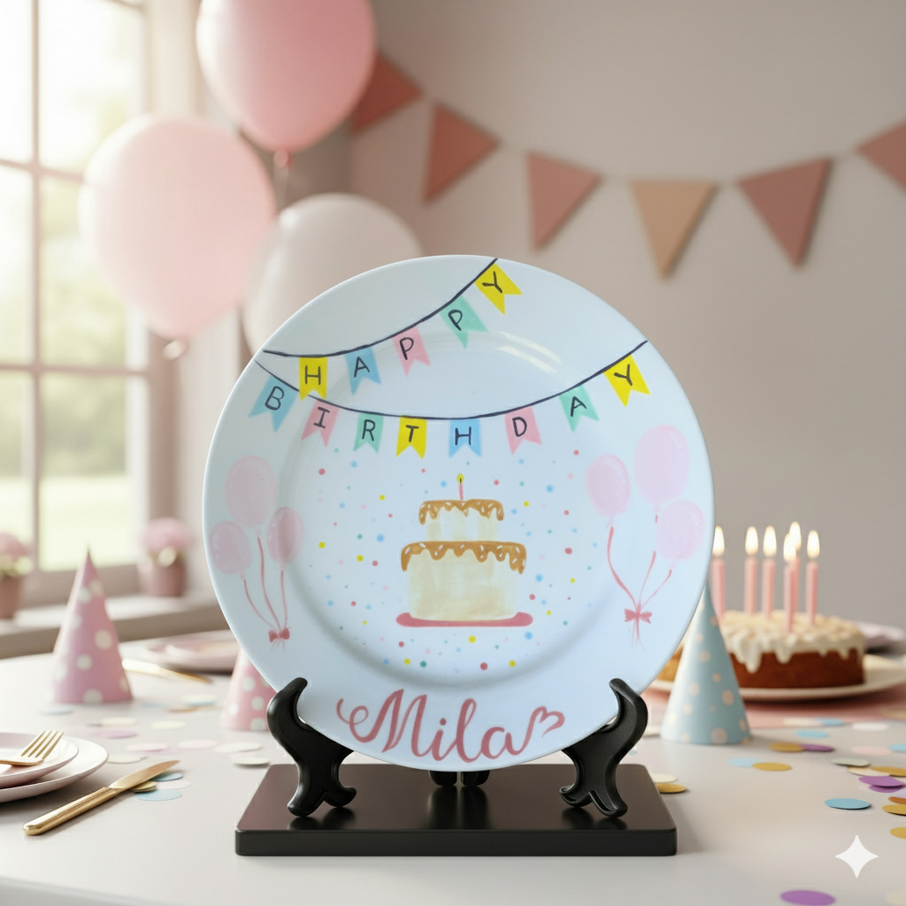 Hand-Painted Ceramic Birthday Plate – Cake & Sprinkles Design - BCP48