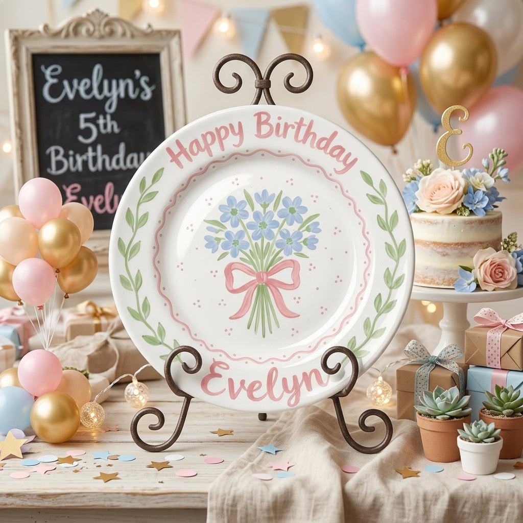 Personalized Girl's Ceramic Birthday Plate - Custom Name & Hand-Painted Floral Keepsake- BCP03