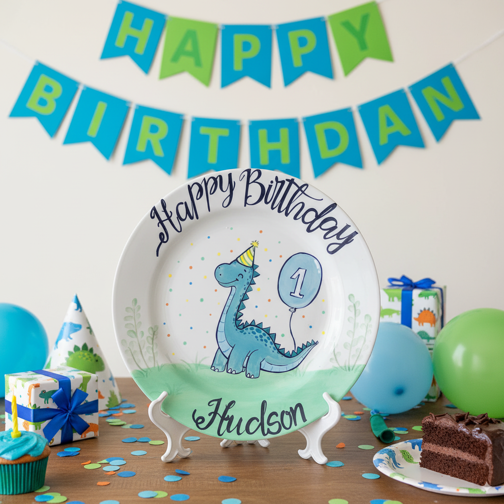 Personalized Dinosaur Birthday Plate - Custom 1st Birthday Keepsake for Boys - BCP46