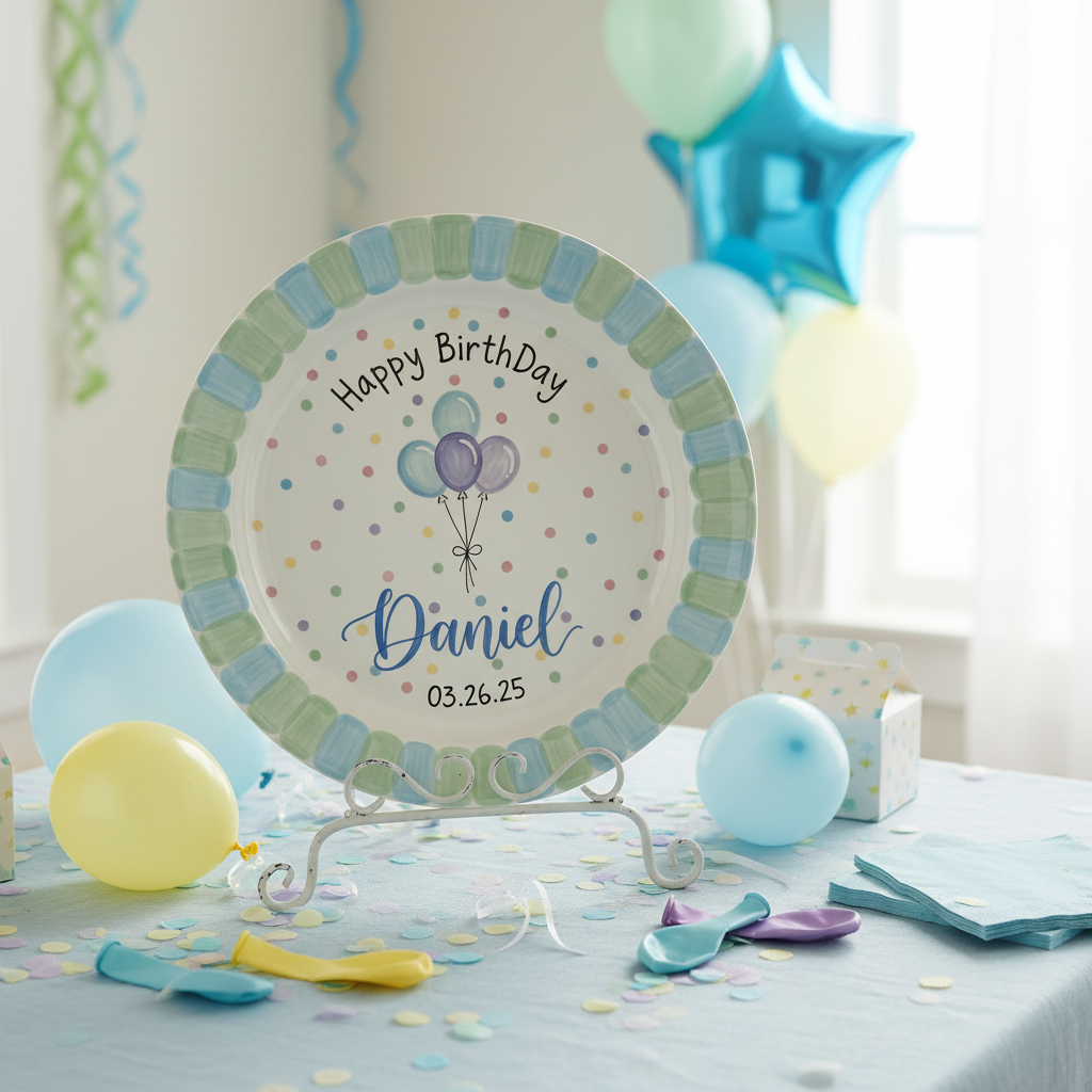 Personalized Baby Boy's Ceramic Birthday Plate – Custom Hand Painted Ceramic Gift - BCP149