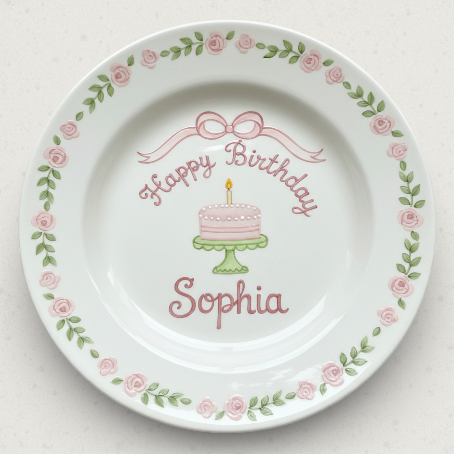 Personalized Girl's Ceramic Birthday Plate - Custom Name & Hand-Painted Floral Keepsake- BCP91