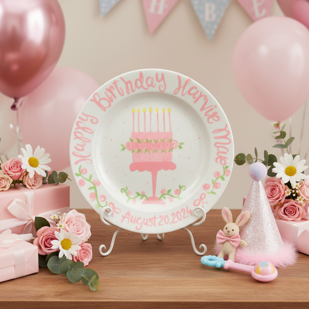Personalized Preppy Girl's 1st Birthday Plate - Flowers, Bunny & Ribbons - BCP10