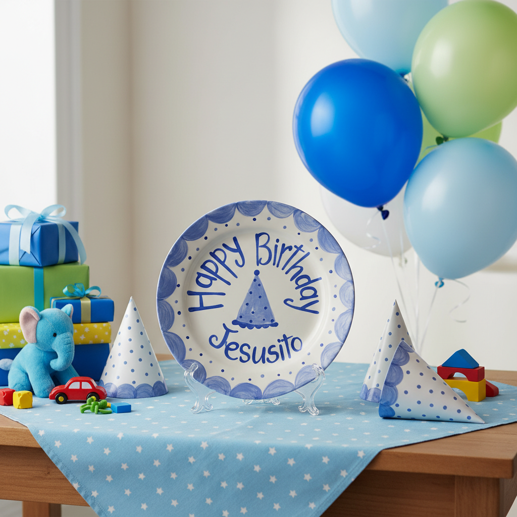Personalized Boy Birthday Plate - Custom Name Blue Hand-Painted Ceramic Dish with Party Hat Design- BCP02