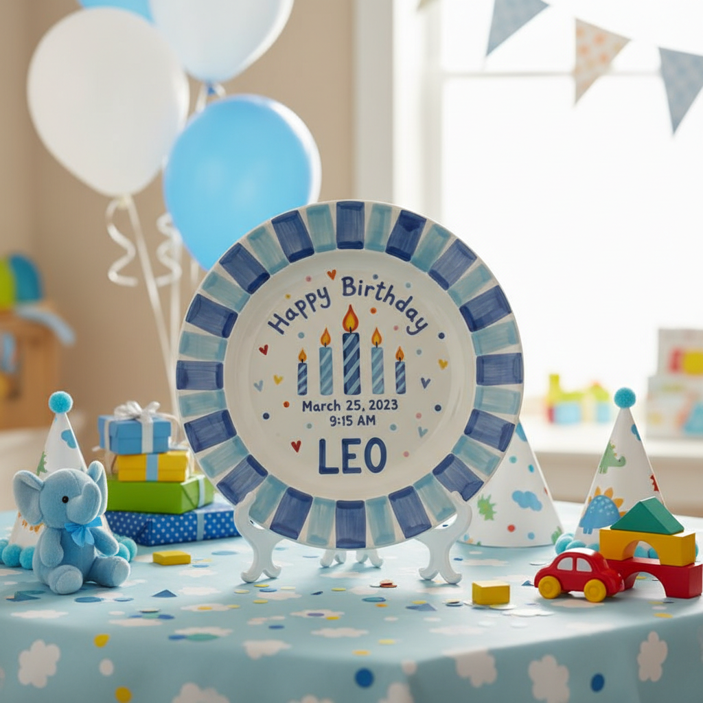 Personalized Boy's Ceramic Birthday Plate - Custom Name & Hand-Painted Keepsake - BCP81