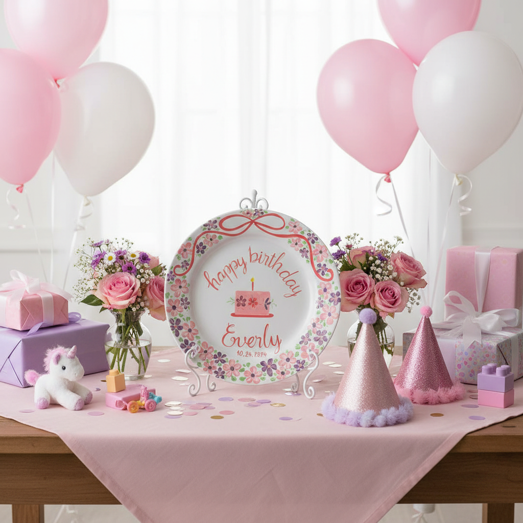 Personalized Floral Birthday Plate with Name & Date – Ceramic Gift - BCP37