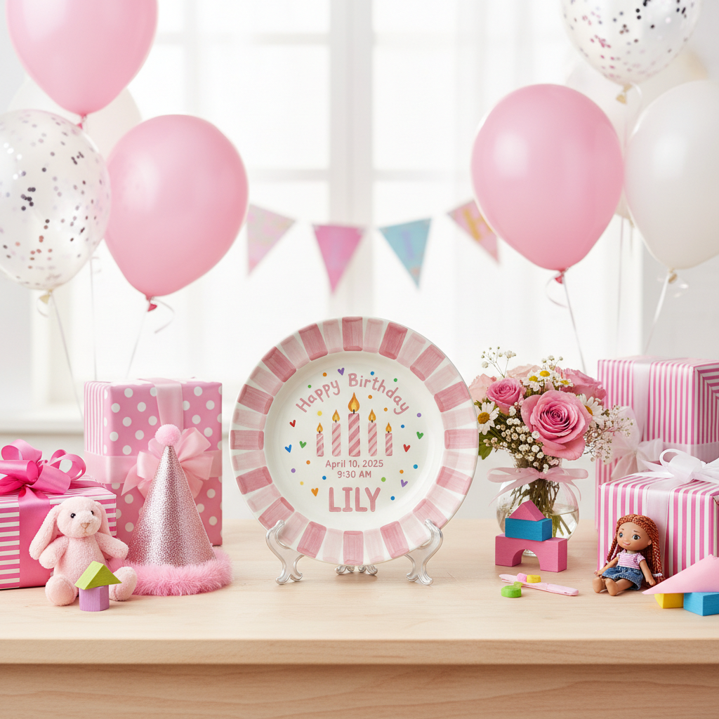 Personalized Girl's Ceramic Birthday Plate - Custom Name & Hand-Painted Floral Keepsake- BCP81