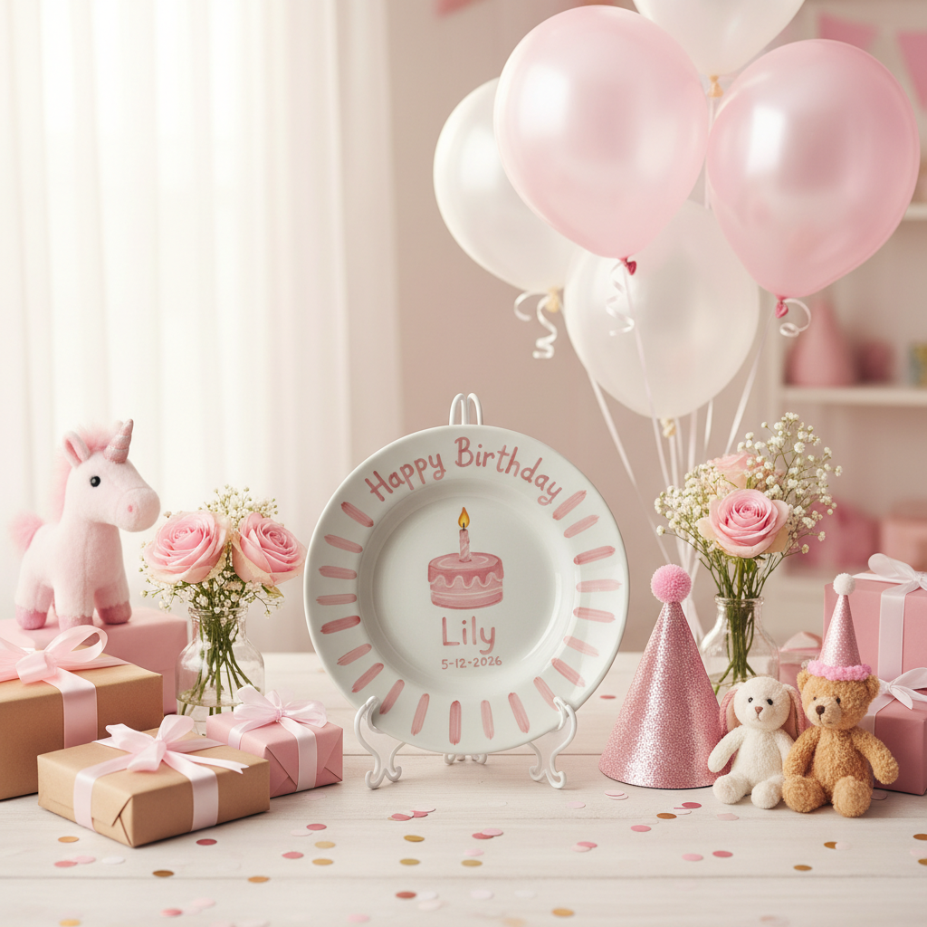 Personalized Girl's Ceramic Birthday Plate - Custom Name & Hand-Painted Floral Keepsake- BCP69