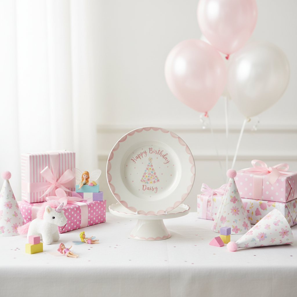 Personalized Girl's Ceramic Birthday Plate - Custom Name & Hand-Painted Floral Keepsake- BCP103