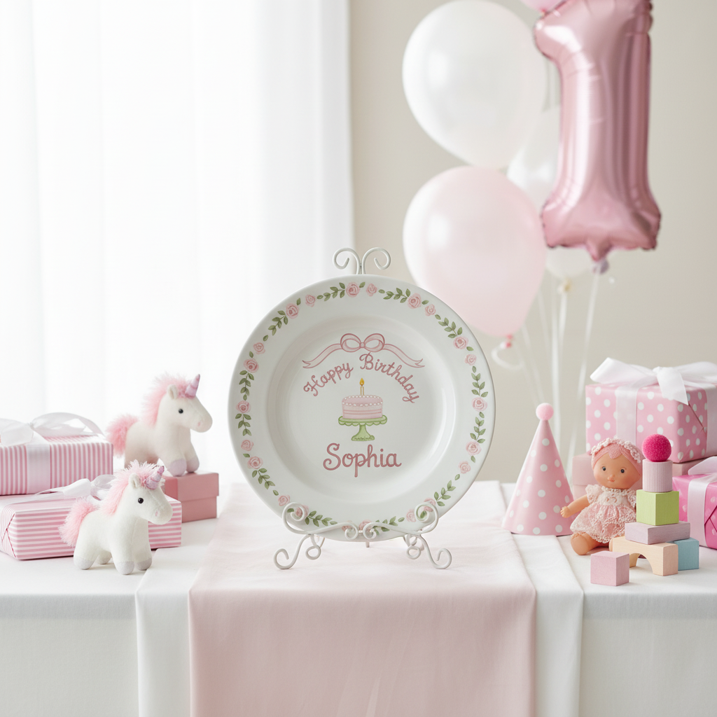 Personalized Girl's Ceramic Birthday Plate - Custom Name & Hand-Painted Floral Keepsake- BCP91