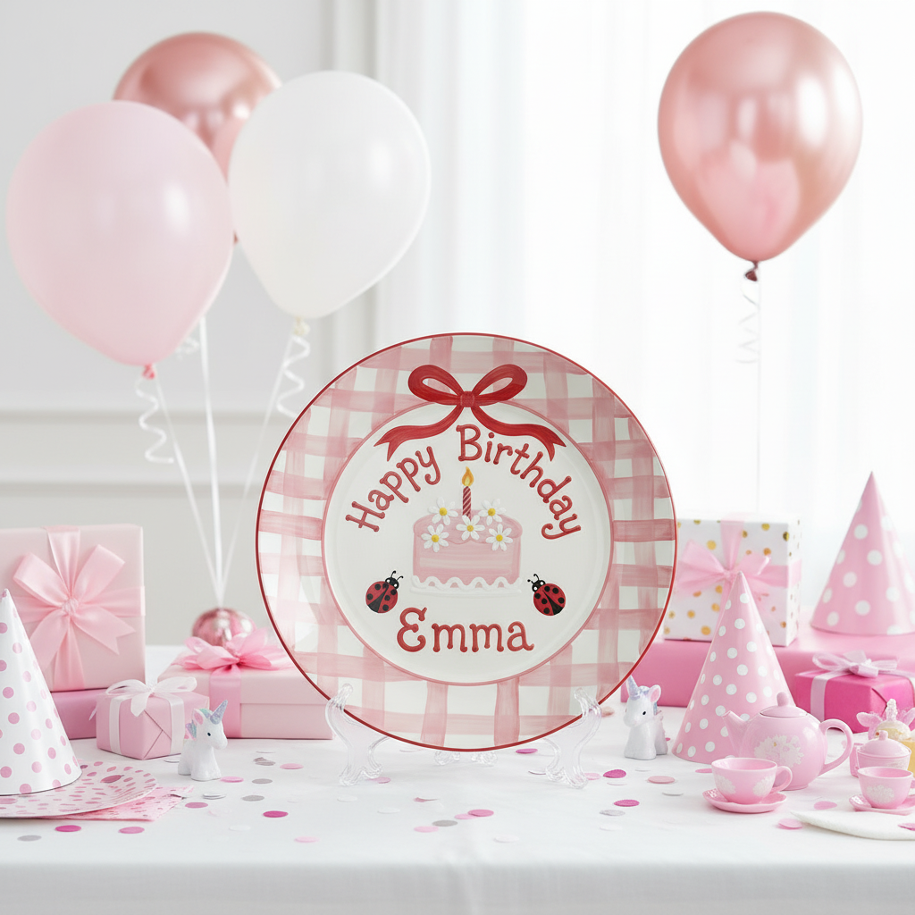 Personalized Girl's Ceramic Birthday Plate - Custom Name & Hand-Painted Floral Keepsake- BCP96