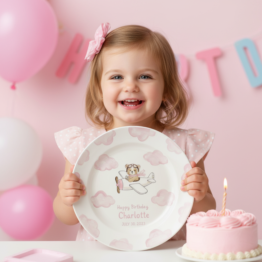 Personalized Girl's Ceramic Birthday Plate - Custom Name & Hand-Painted Floral Keepsake- BCP95