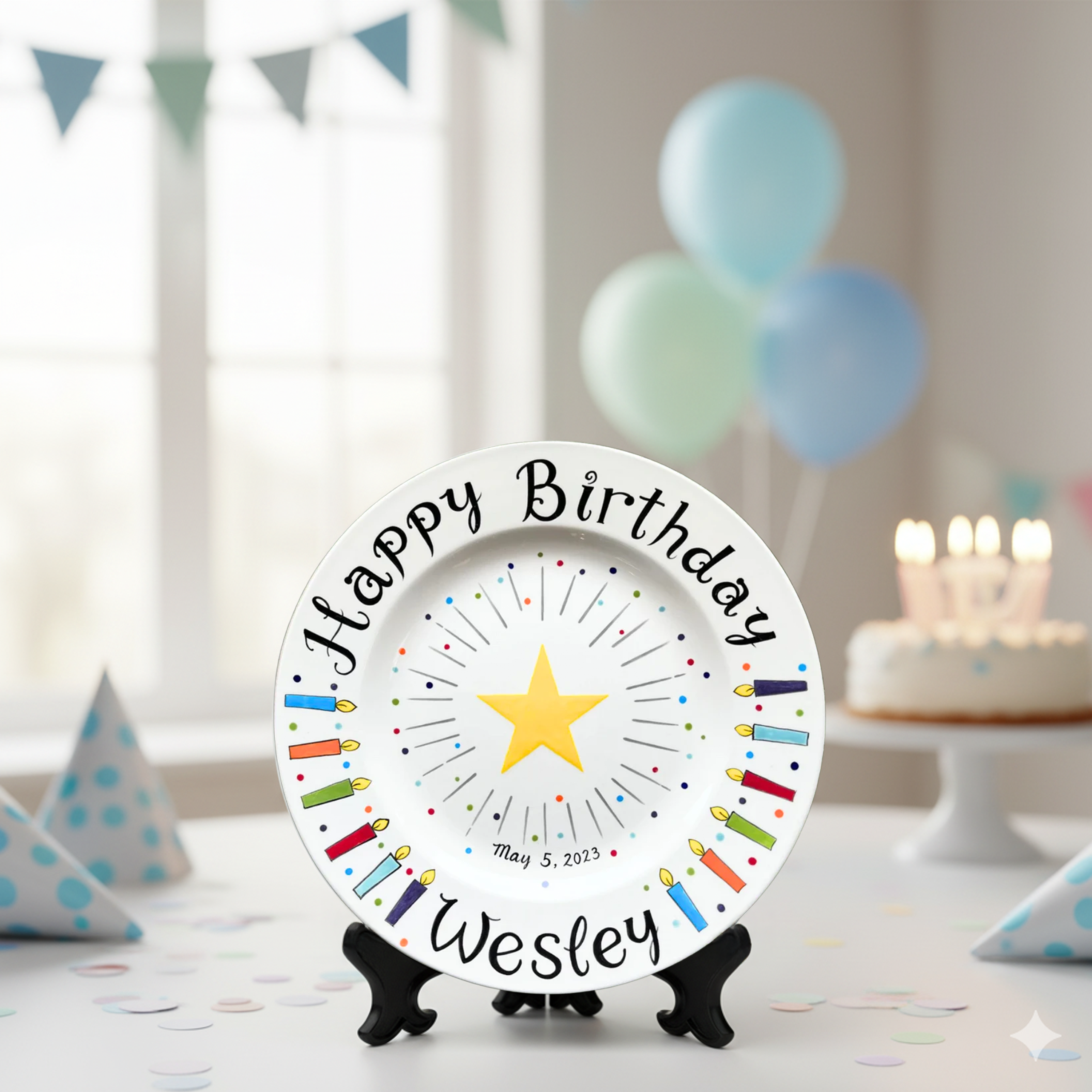 Personalized Star Birthday Plate with Name & Date – Hand-Painted - BCP42
